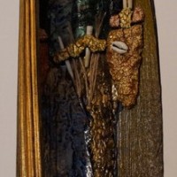 PEINTURE SUR FEUILLE DE COCO SUR SOCLE EN PAVE 010